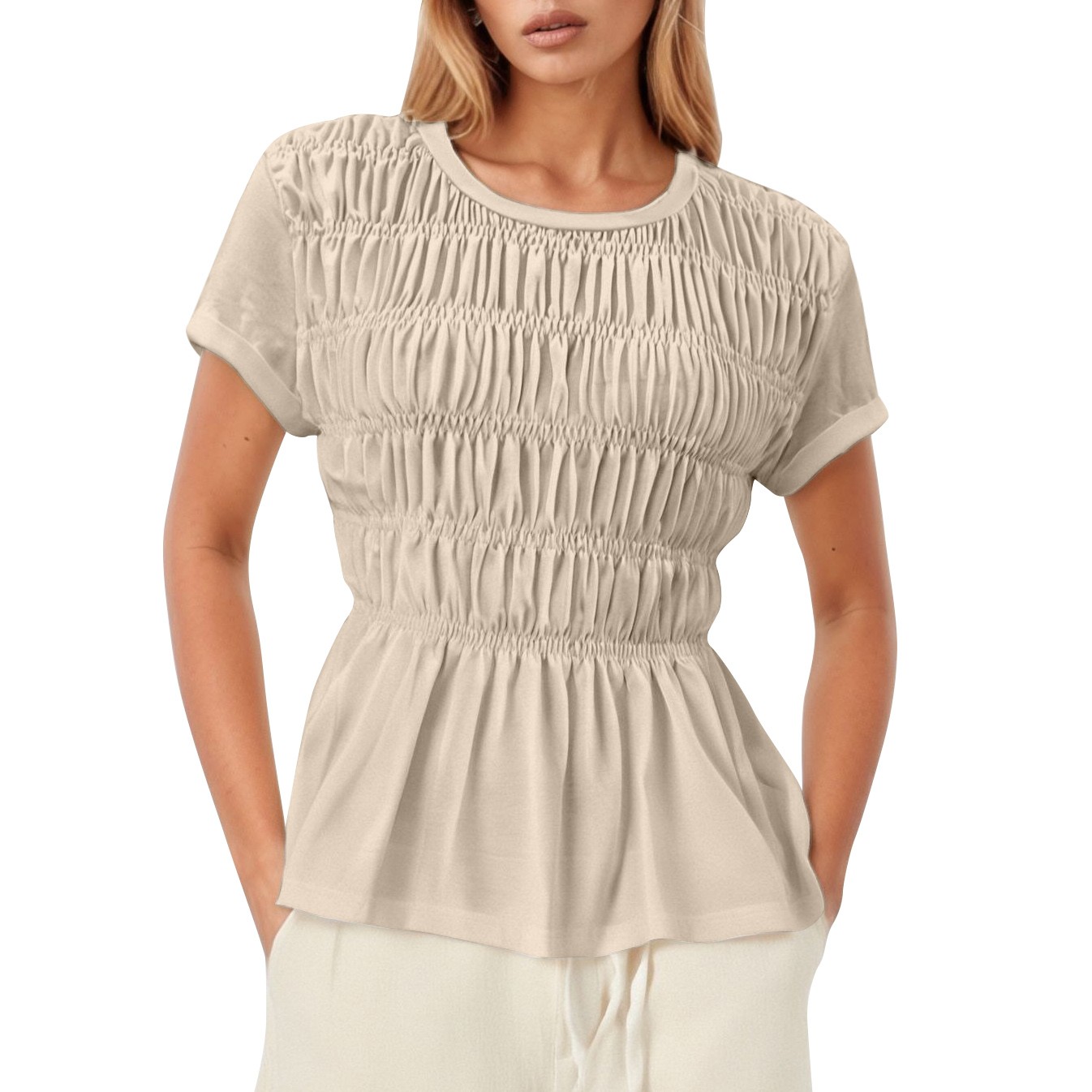 Top liso con cuello redondo y pliegues para mujer - Estilo informal, tejido transpirable - Tallas S-L